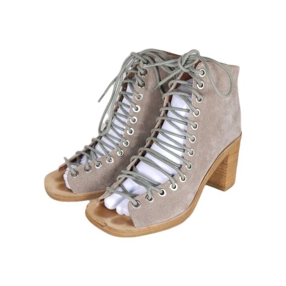 Jeffrey Campbell Women's Cors US7,5 Taupe Suede Square Toe Lace-up Ankle Booties - Picture 1 of 16